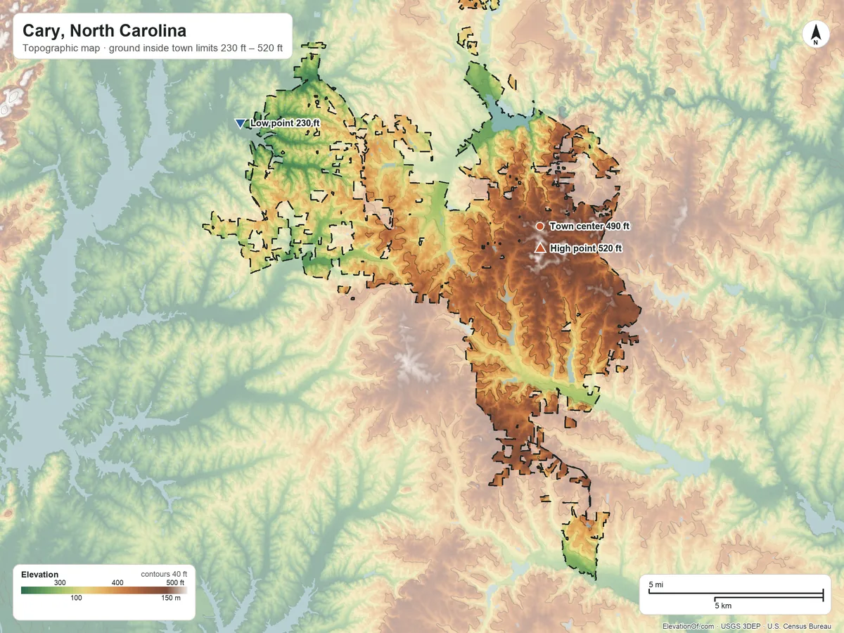 Topographic elevation map of Cary, North Carolina, shaded from 230 ft on the west side to 520 ft near the middle