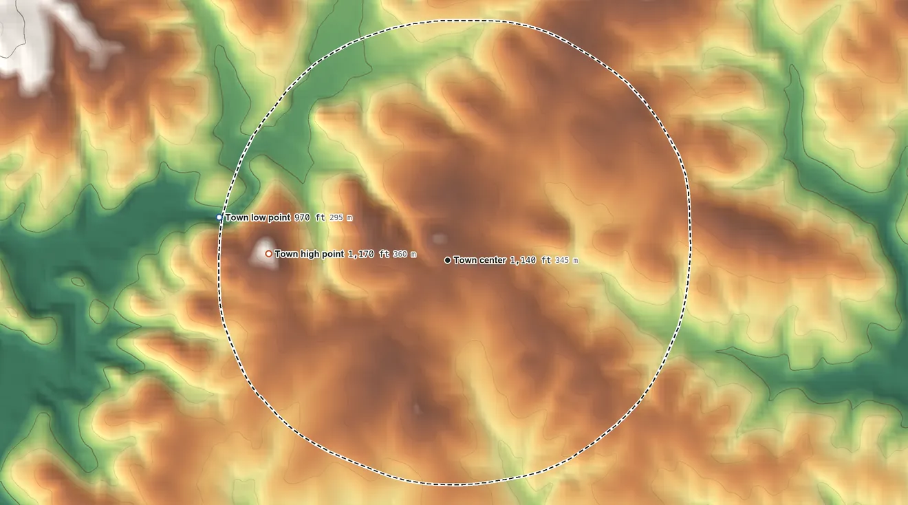Topographic elevation map of Casar, North Carolina, shaded from 970 ft on the west side to 1,170 ft on the west side