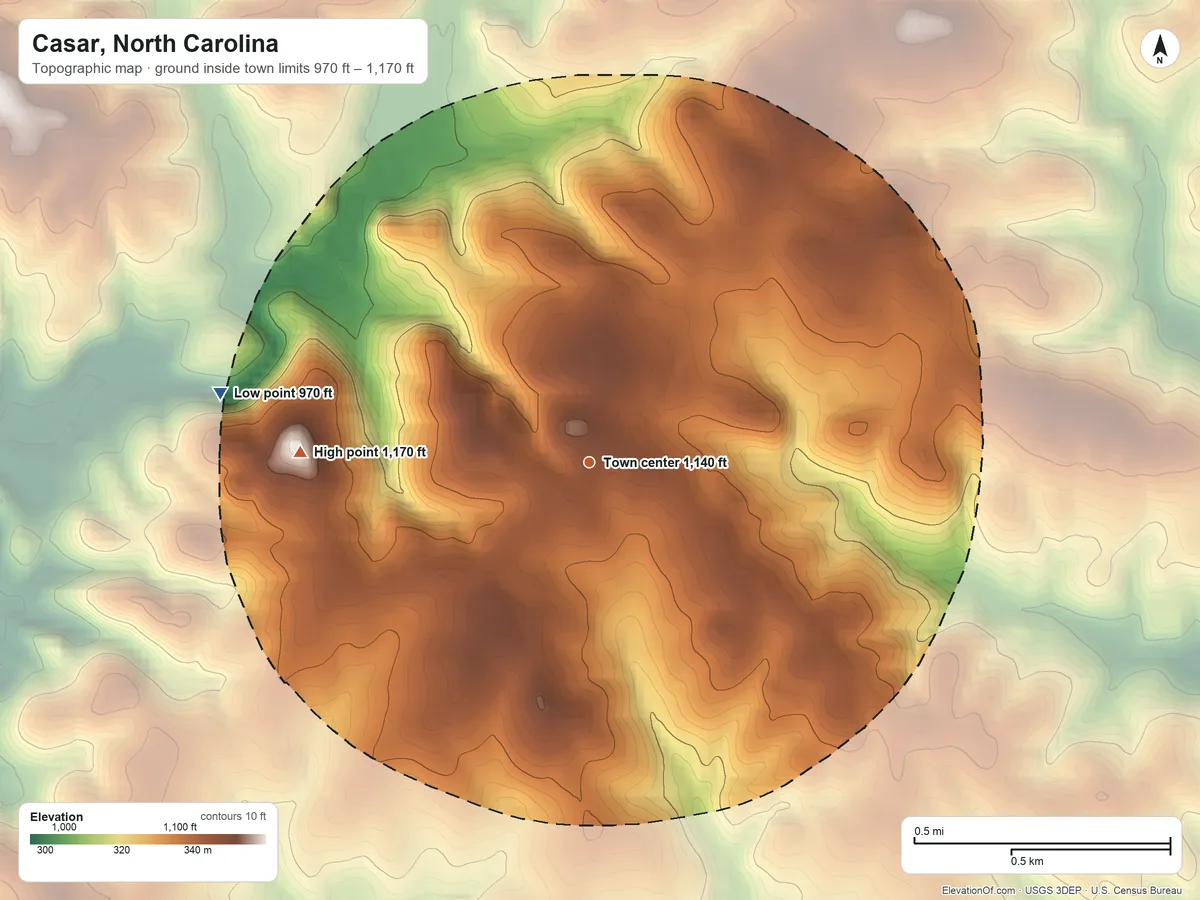 Topographic elevation map of Casar, North Carolina, shaded from 970 ft on the west side to 1,170 ft on the west side