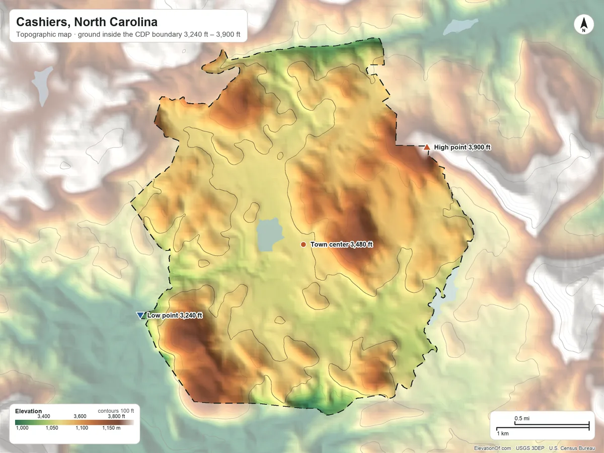 Topographic elevation map of Cashiers, North Carolina, shaded from 3,240 ft on the southwest side to 3,900 ft at the foot of the Cowee Mountains