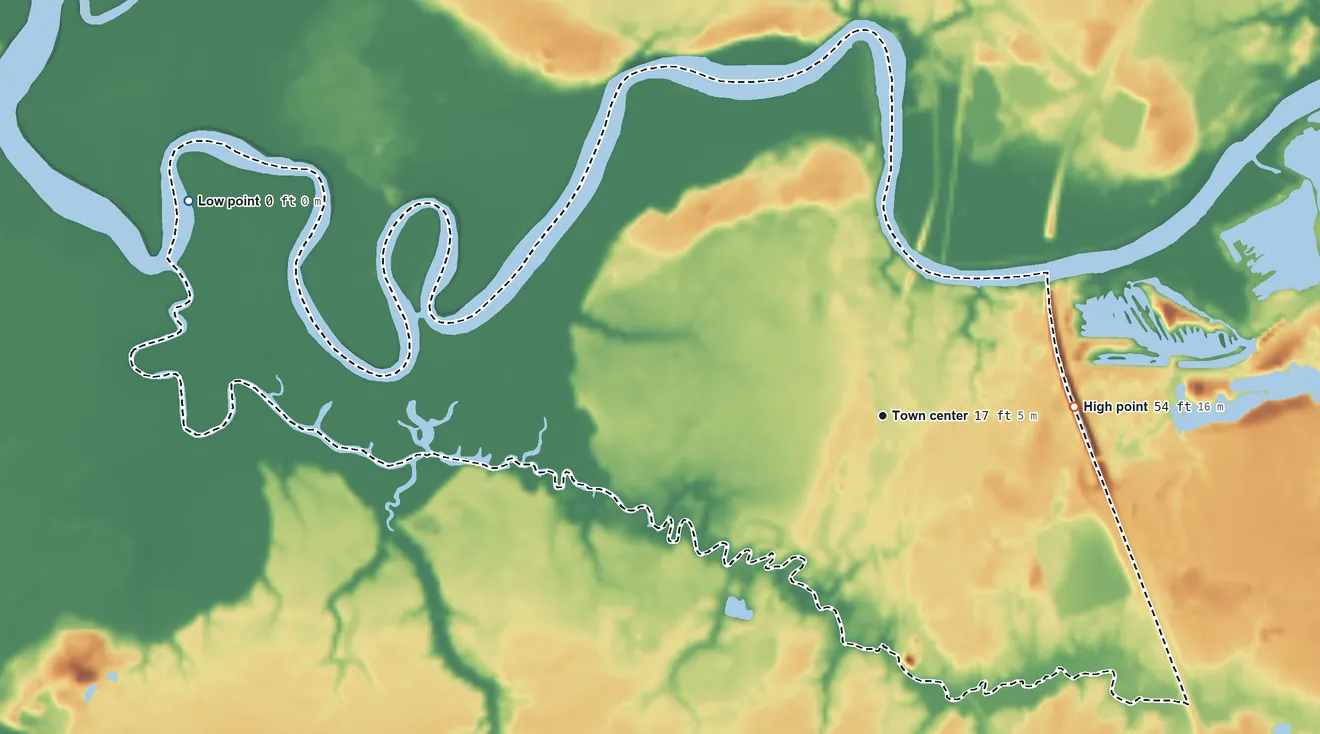 Topographic elevation map of Castle Hayne, North Carolina, shaded from 0 ft on the west side to 54 ft on the east side