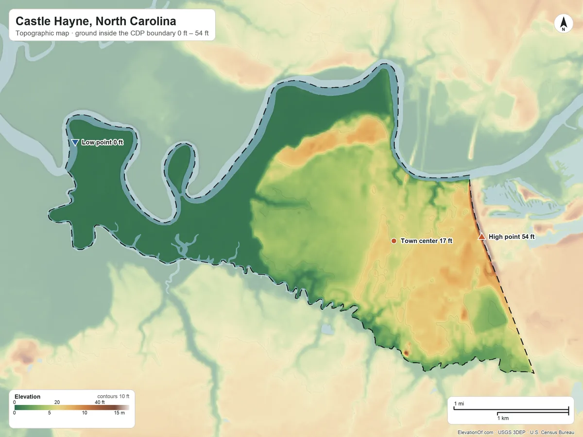 Topographic elevation map of Castle Hayne, North Carolina, shaded from 0 ft on the west side to 54 ft on the east side