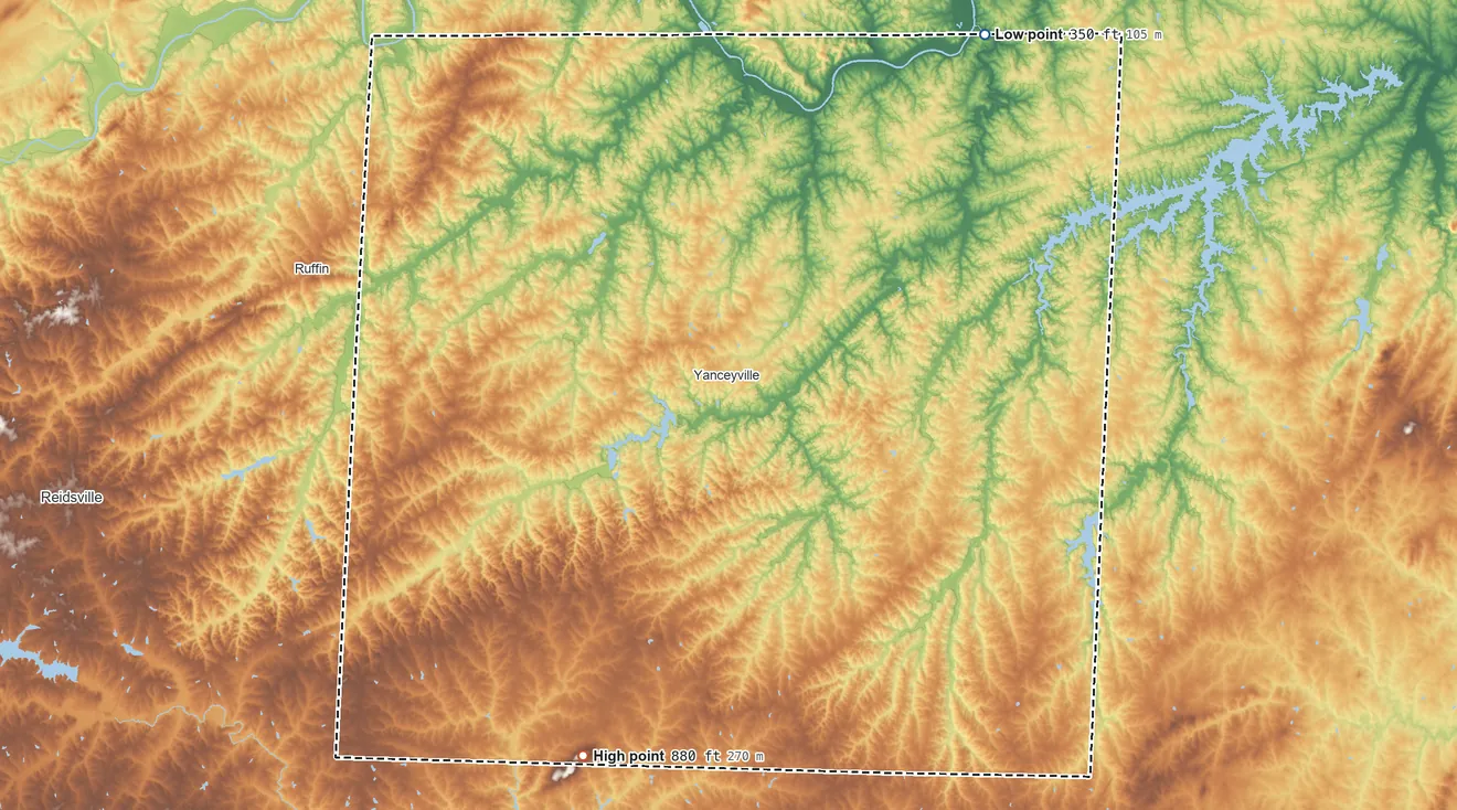 Topographic elevation map of Caswell County, North Carolina, shaded from 350 ft on the northeast side to 880 ft on the southwest side