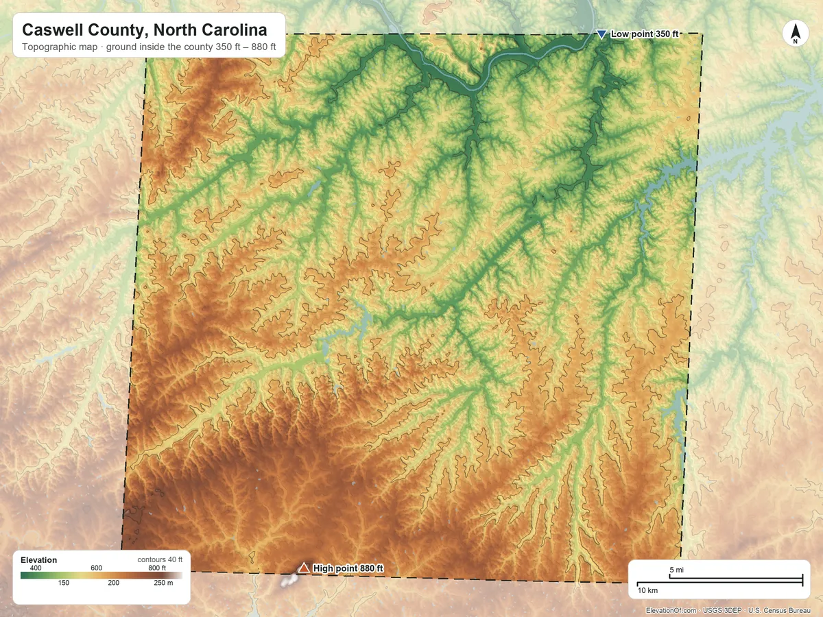 Topographic elevation map of Caswell County, North Carolina, shaded from 350 ft on the northeast side to 880 ft on the southwest side