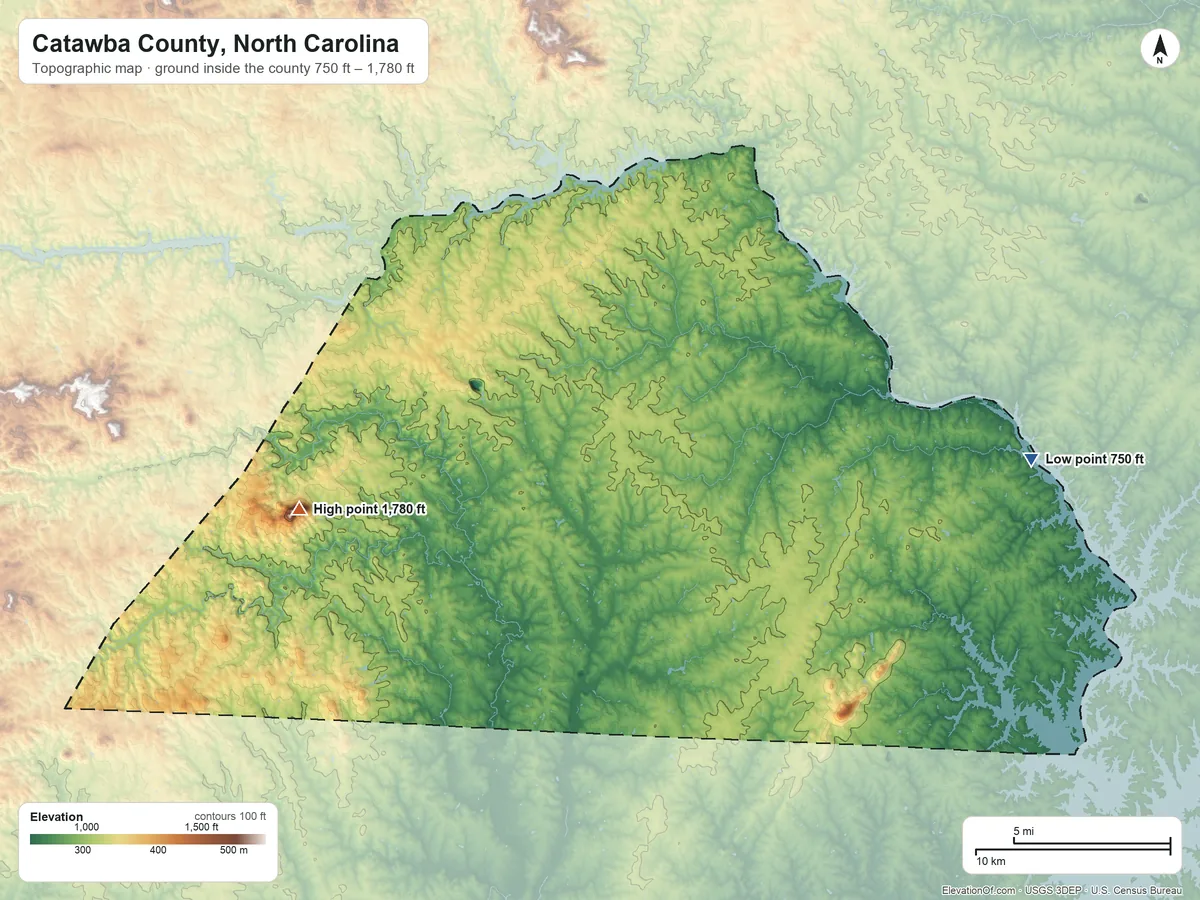 Topographic elevation map of Catawba County, North Carolina, shaded from 750 ft on the east side to 1,780 ft on Baker Mountain