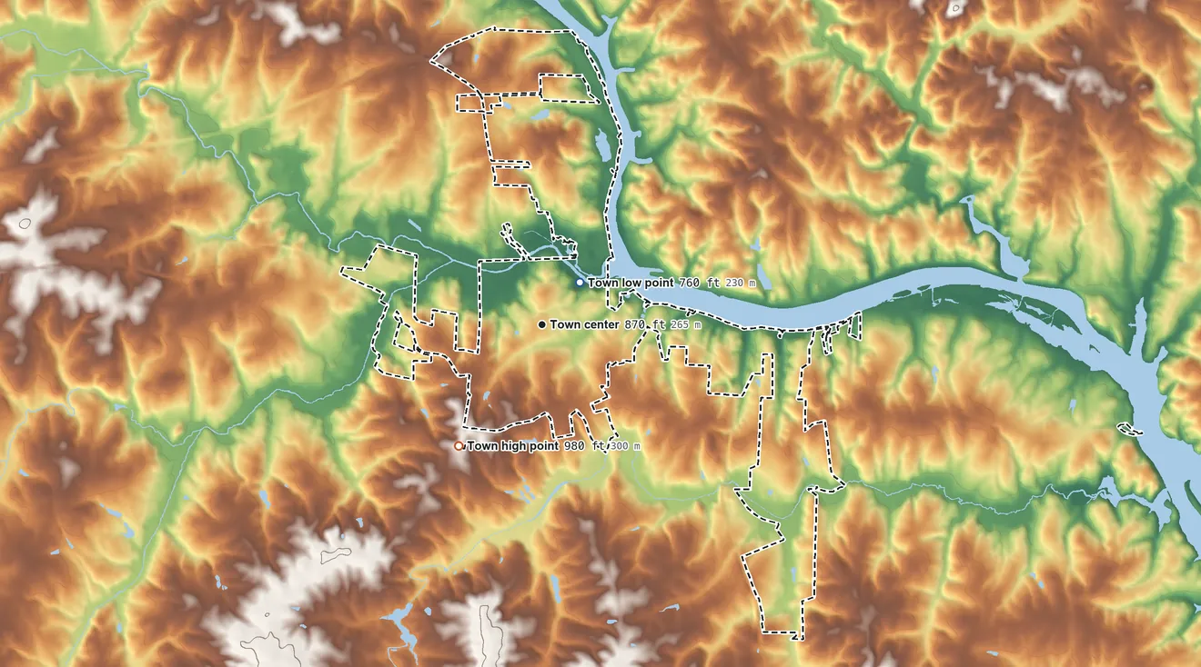 Topographic elevation map of Catawba, North Carolina, shaded from 760 ft near the middle to 980 ft on the southwest side