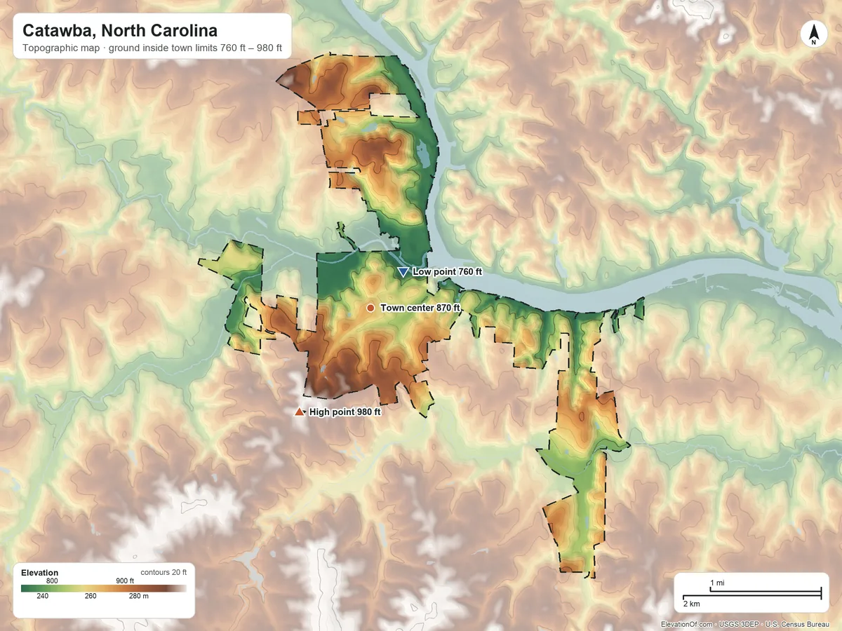 Topographic elevation map of Catawba, North Carolina, shaded from 760 ft near the middle to 980 ft on the southwest side