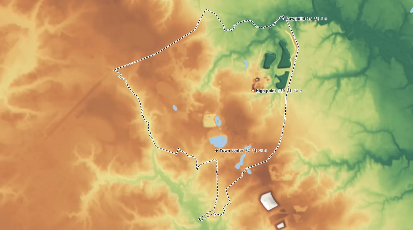 Topographic elevation map of Catherine Lake, North Carolina, shaded from 16 ft on the northeast side to 130 ft on the northeast side
