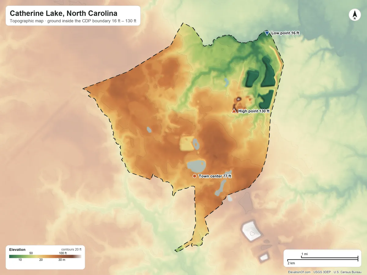 Topographic elevation map of Catherine Lake, North Carolina, shaded from 16 ft on the northeast side to 130 ft on the northeast side