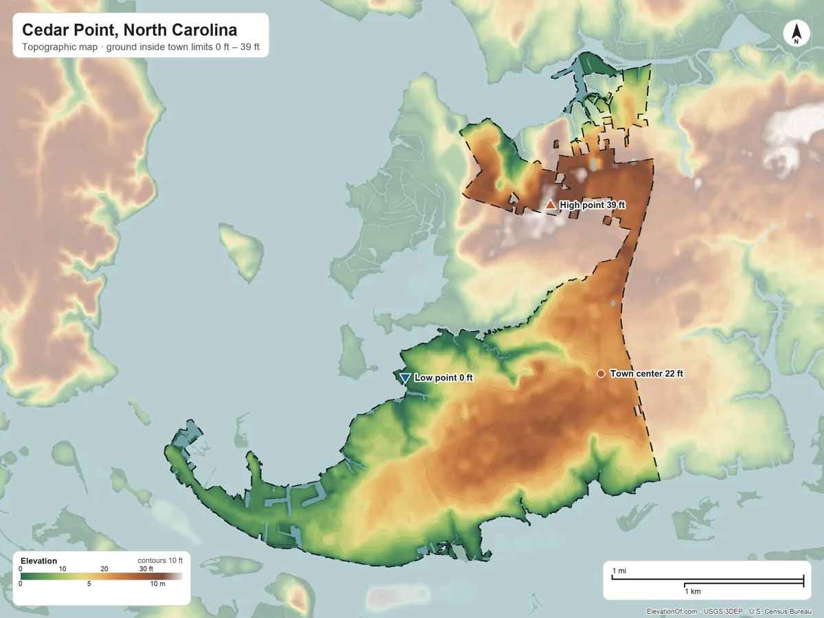 Topographic elevation map of Cedar Point, North Carolina, shaded from 0 ft on the west side to 39 ft on the north side