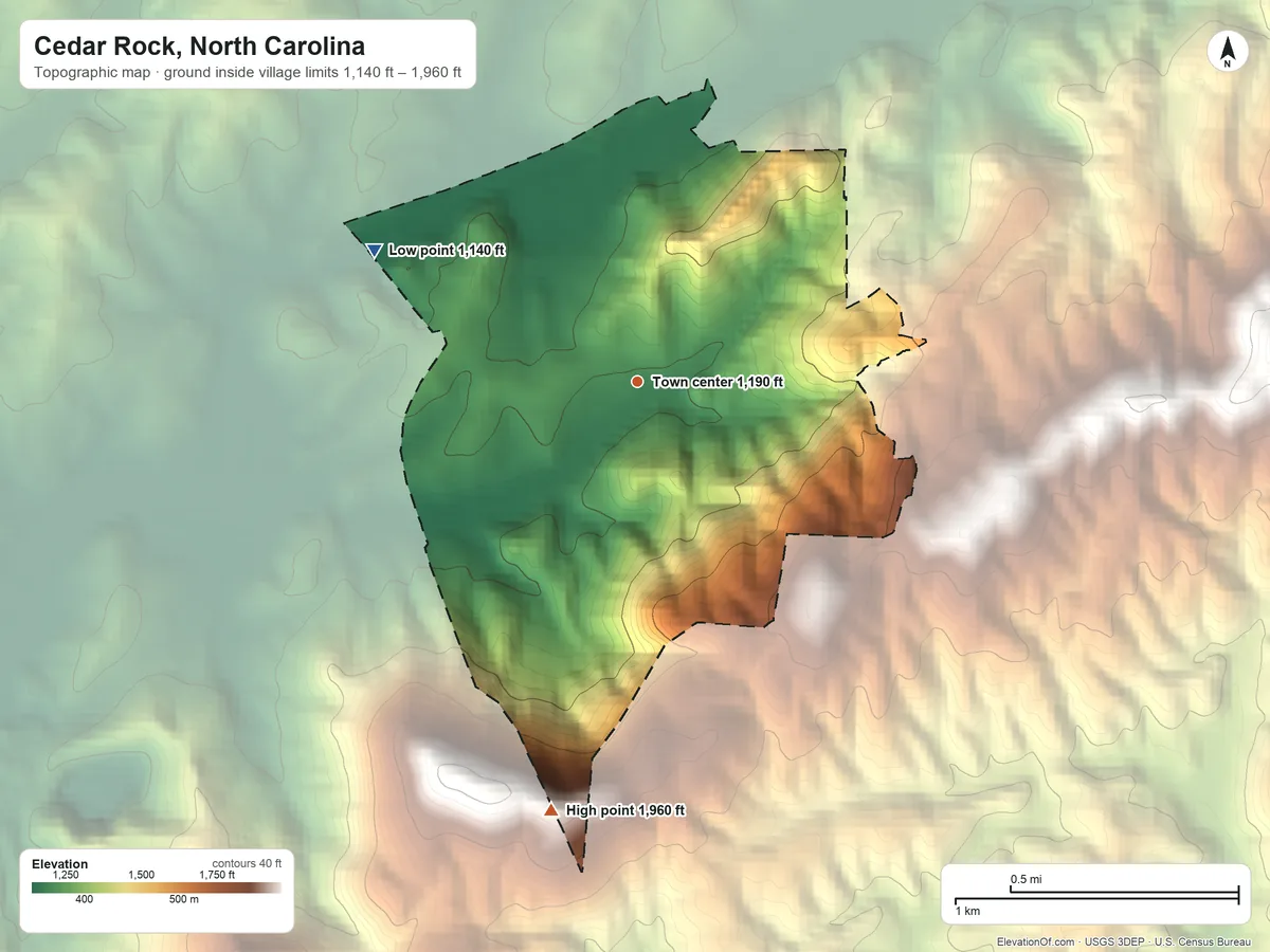 Topographic elevation map of Cedar Rock, North Carolina, shaded from 1,140 ft on the northwest side to 1,960 ft on the south side