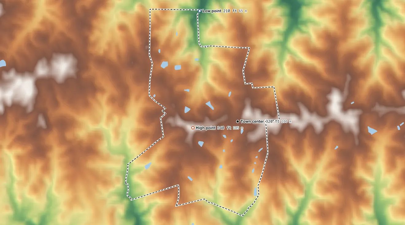 Topographic elevation map of Centerville, North Carolina, shaded from 210 ft on the north side to 340 ft on the west side