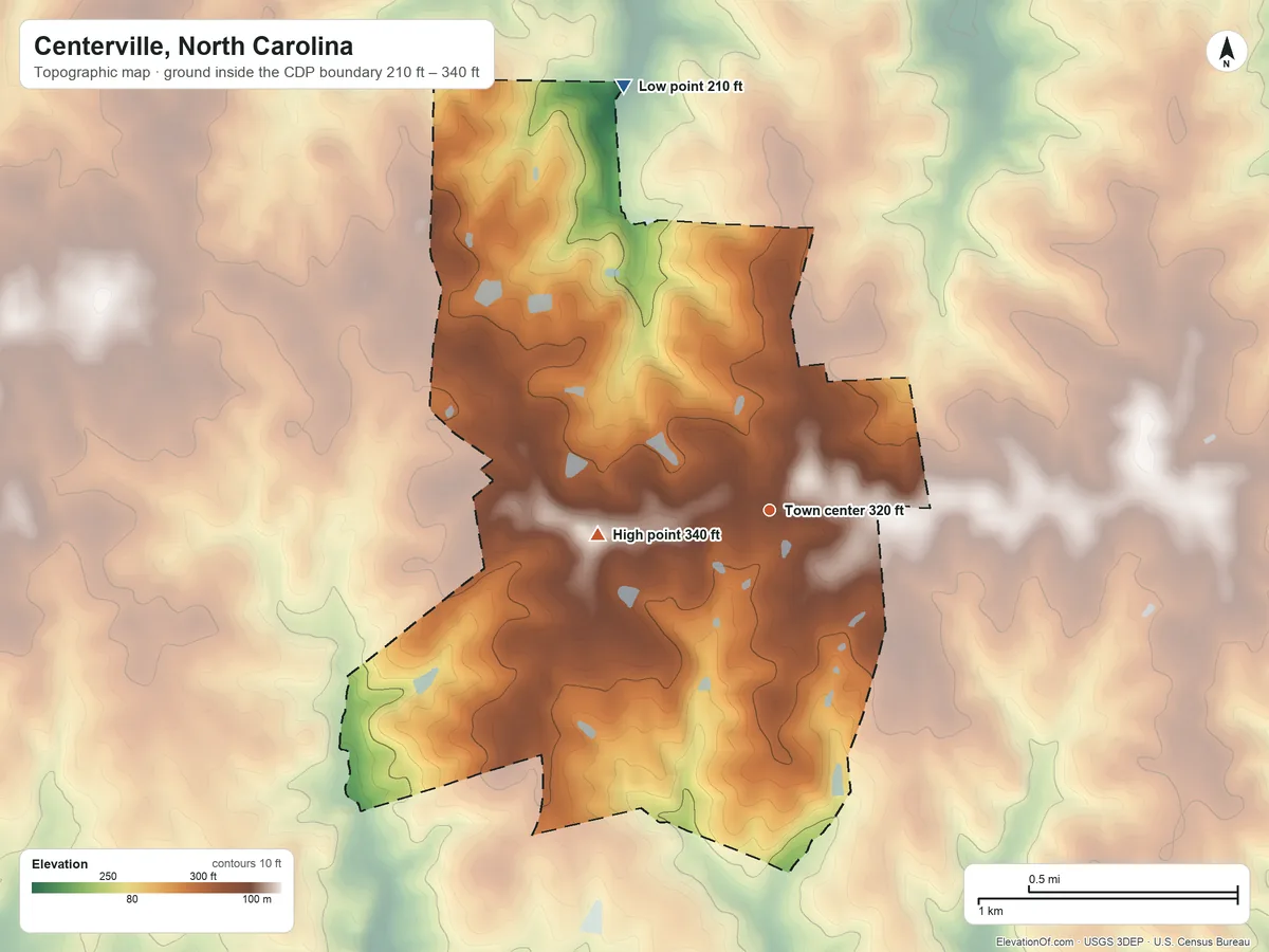 Topographic elevation map of Centerville, North Carolina, shaded from 210 ft on the north side to 340 ft on the west side