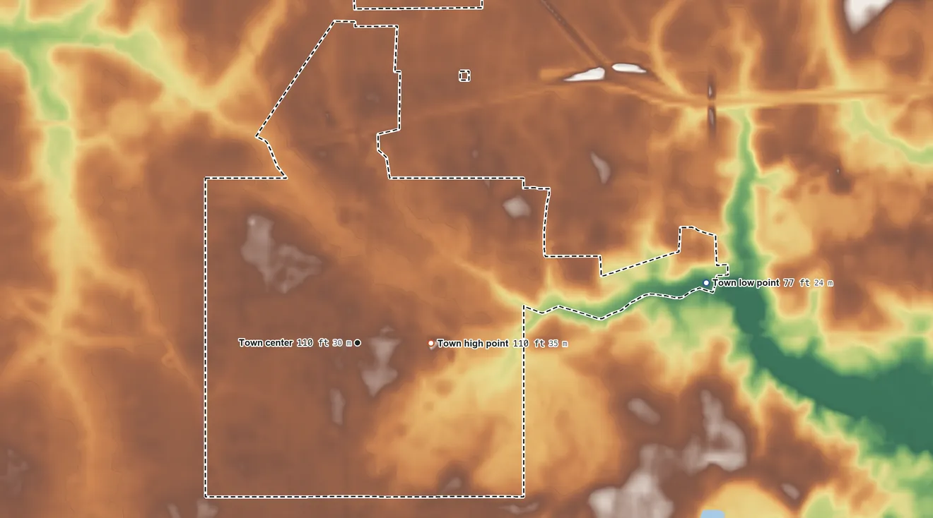Topographic elevation map of Chadbourn, North Carolina, shaded from 77 ft on the east side to 110 ft on the east side