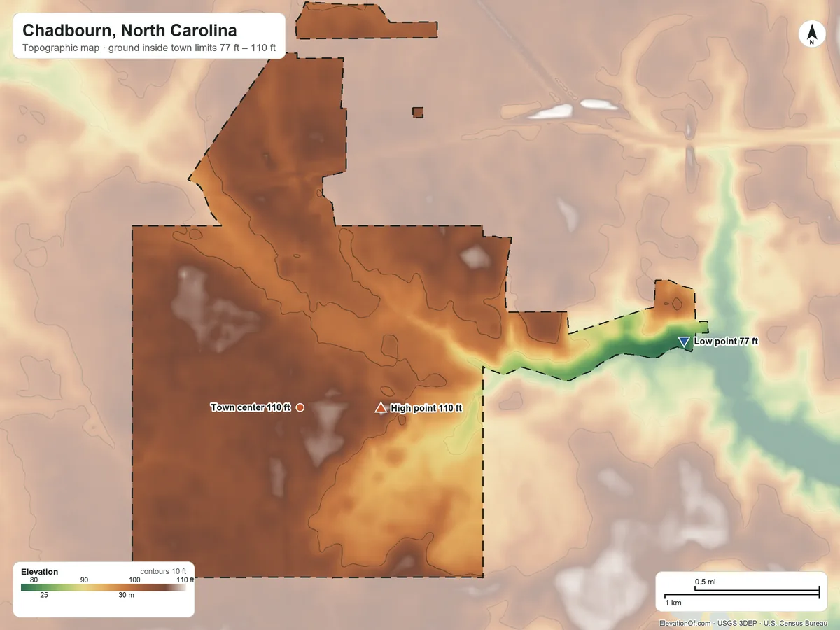 Topographic elevation map of Chadbourn, North Carolina, shaded from 77 ft on the east side to 110 ft on the east side