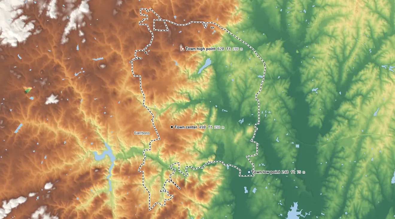 Topographic elevation map of Chapel Hill, North Carolina, shaded from 240 ft on the southeast side to 620 ft on Nunn Mountain