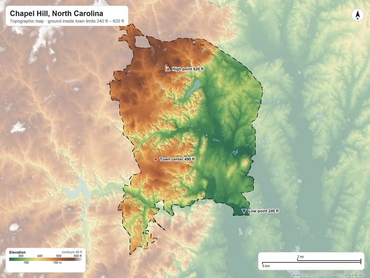 Topographic elevation map of Chapel Hill, North Carolina, shaded from 240 ft on the southeast side to 620 ft on Nunn Mountain