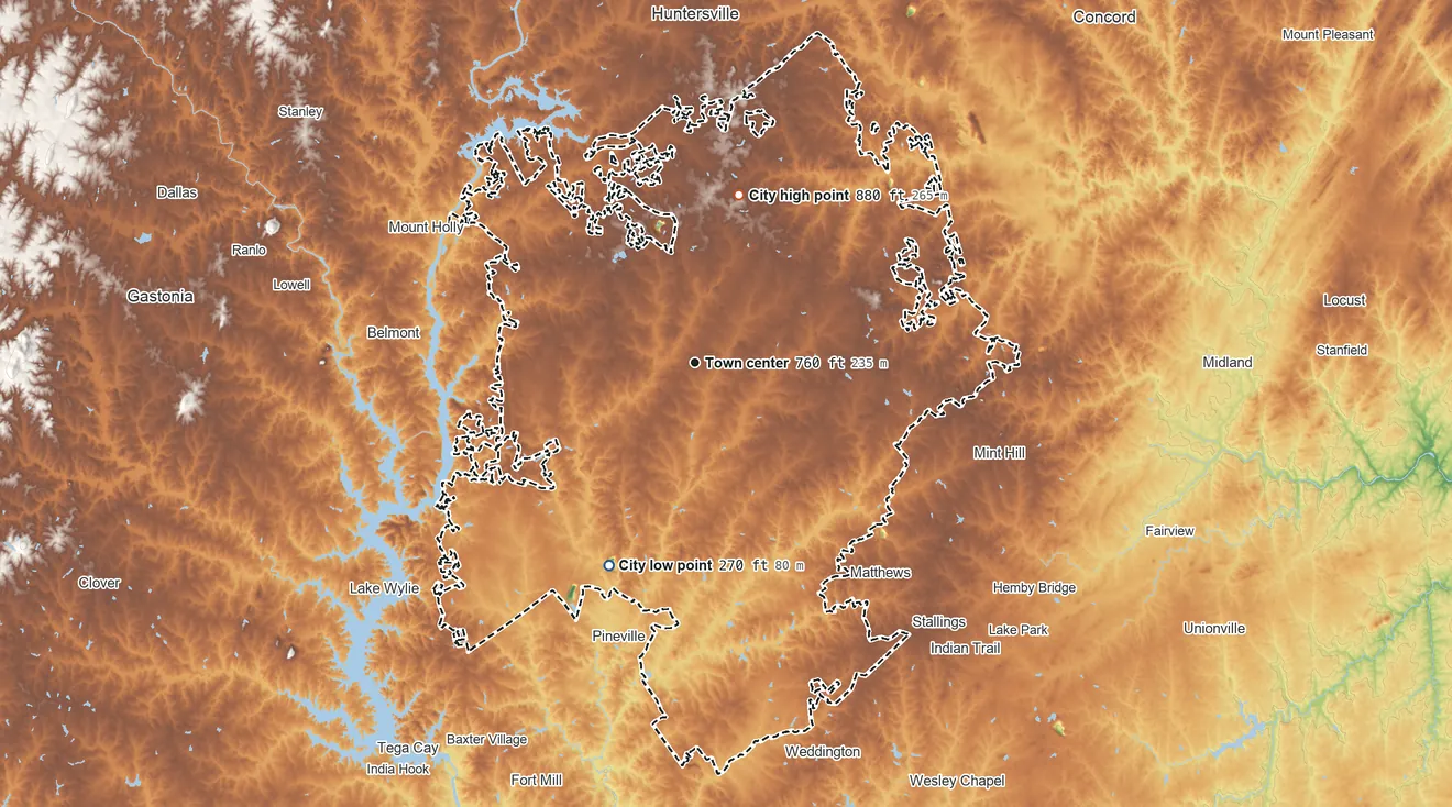 Topographic elevation map of Charlotte, North Carolina, shaded from 270 ft on the southwest side to 880 ft on the north side