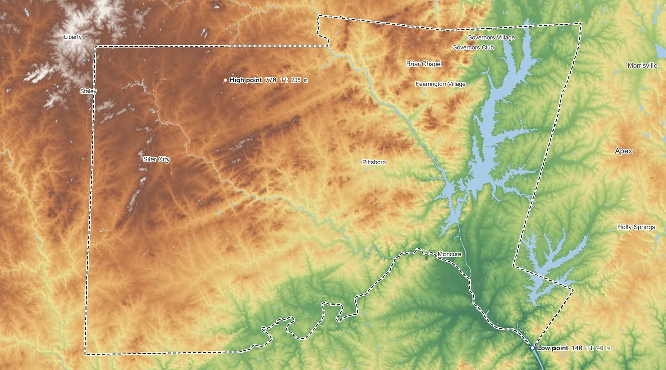 Topographic elevation map of Chatham County, North Carolina, shaded from 140 ft on the southeast side to 770 ft on the northwest side