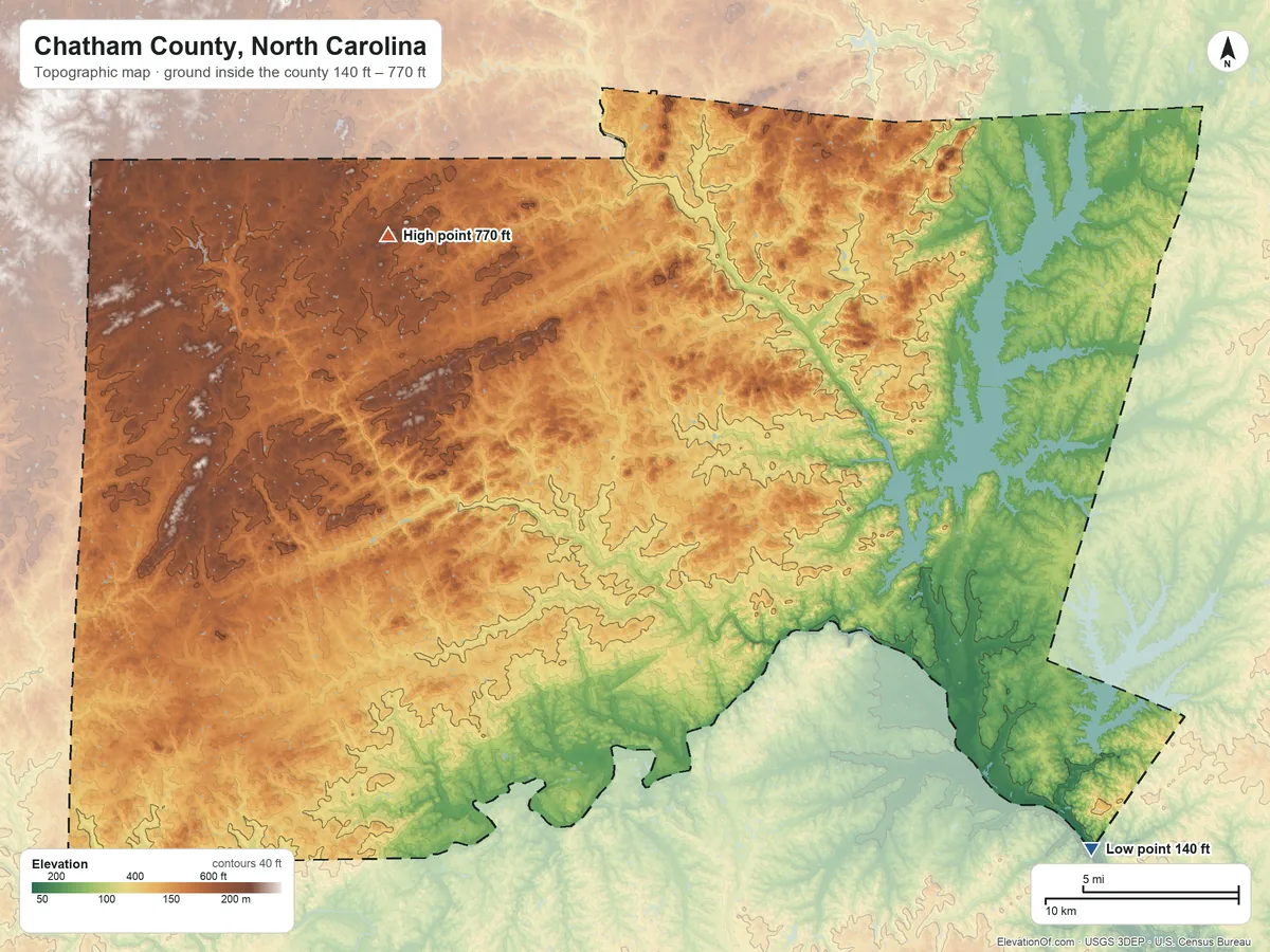 Topographic elevation map of Chatham County, North Carolina, shaded from 140 ft on the southeast side to 770 ft on the northwest side