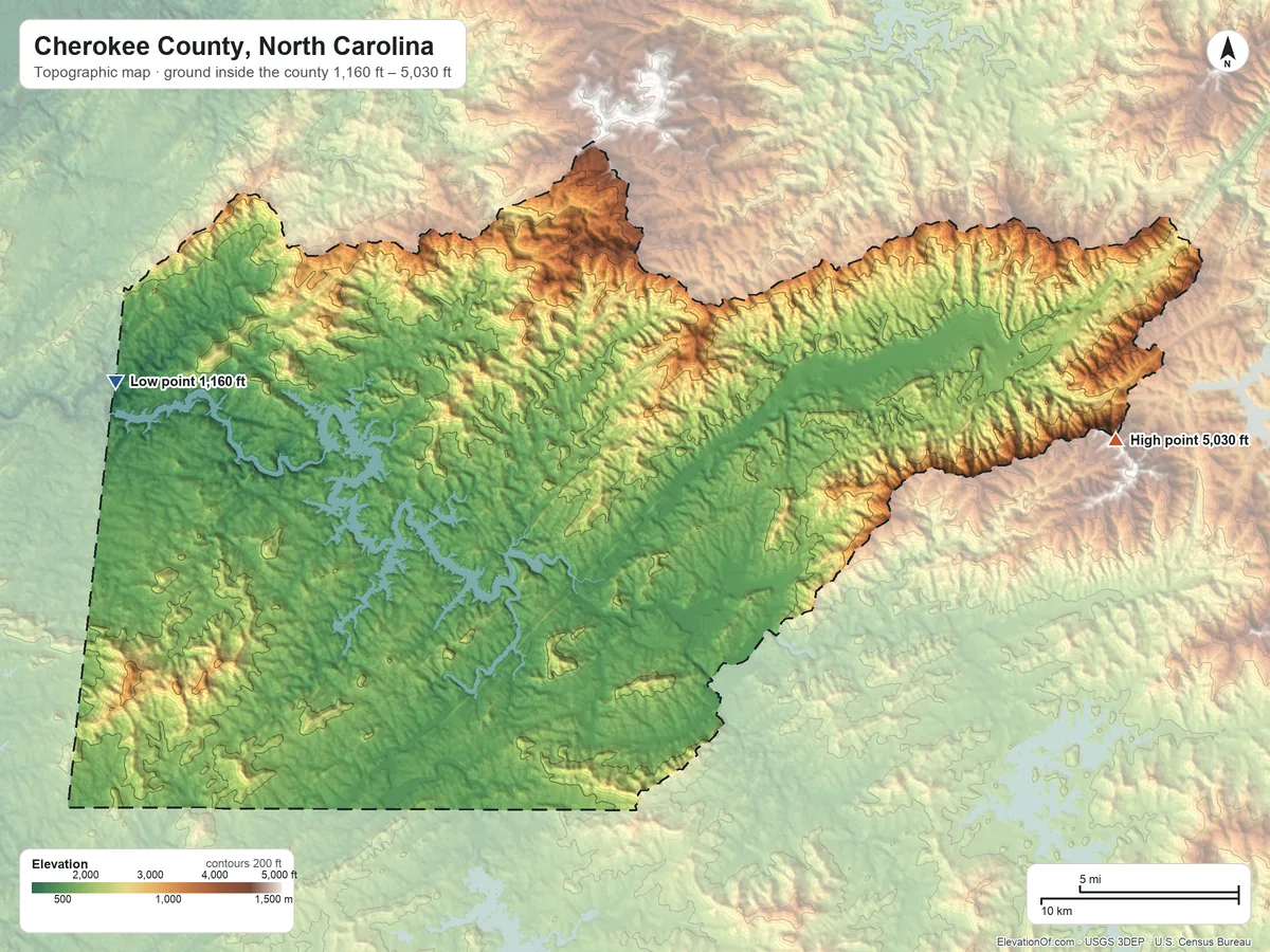 Topographic elevation map of Cherokee County, North Carolina, shaded from 1,160 ft on the west side to 5,030 ft on the east side