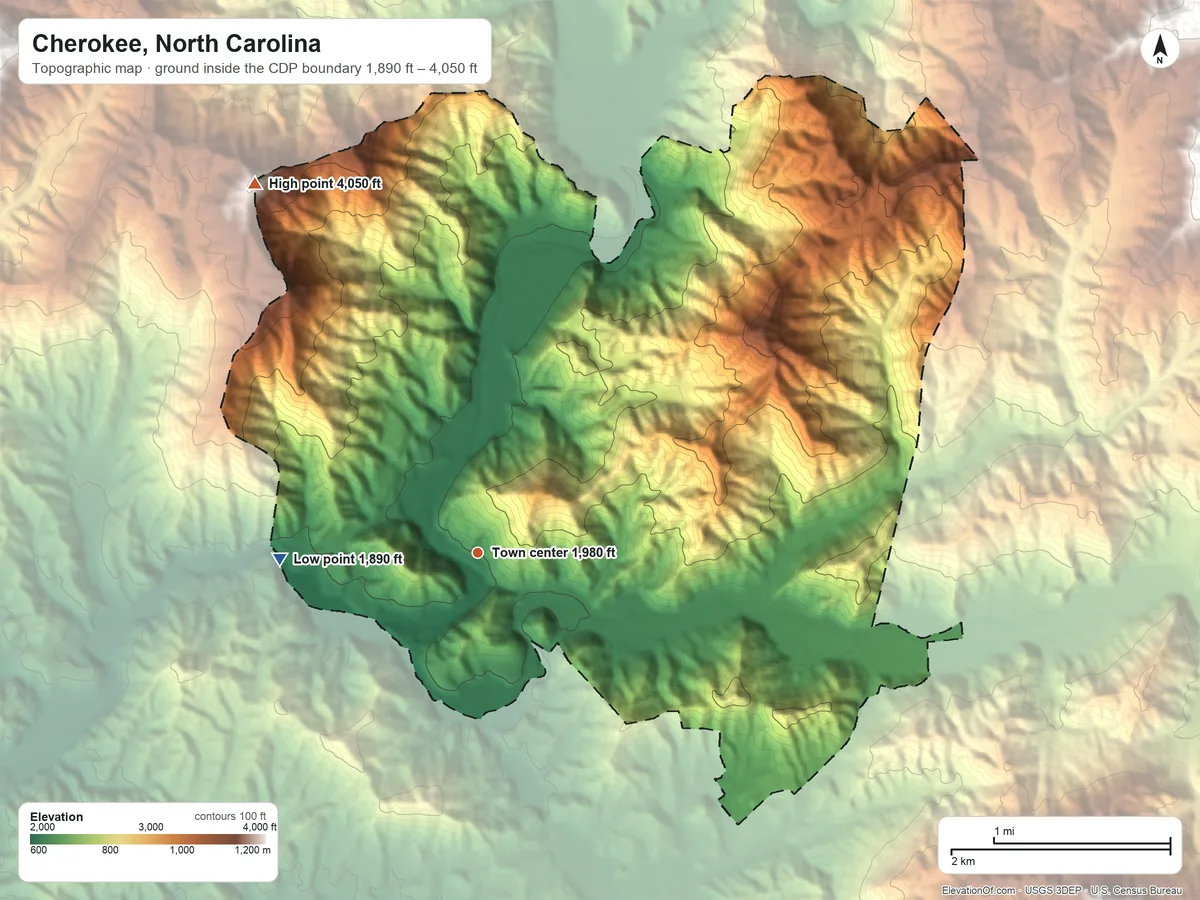 Topographic elevation map of Cherokee, North Carolina, shaded from 1,890 ft on the west side to 4,050 ft on Mount Noble