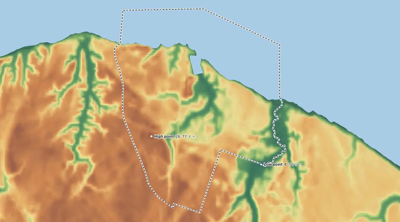 Topographic elevation map of Cherry Branch, North Carolina, shaded from 0 ft on the southeast side to 26 ft on the west side