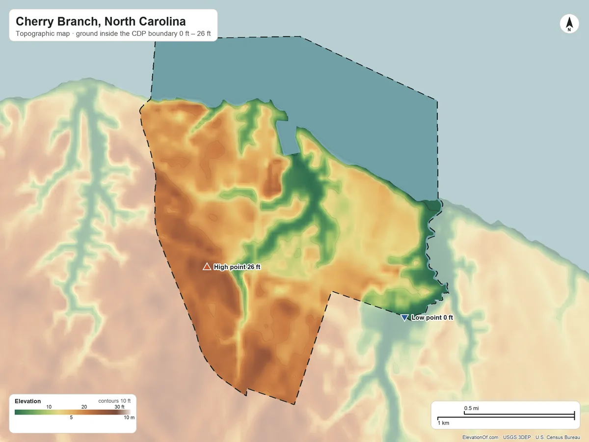 Topographic elevation map of Cherry Branch, North Carolina, shaded from 0 ft on the southeast side to 26 ft on the west side