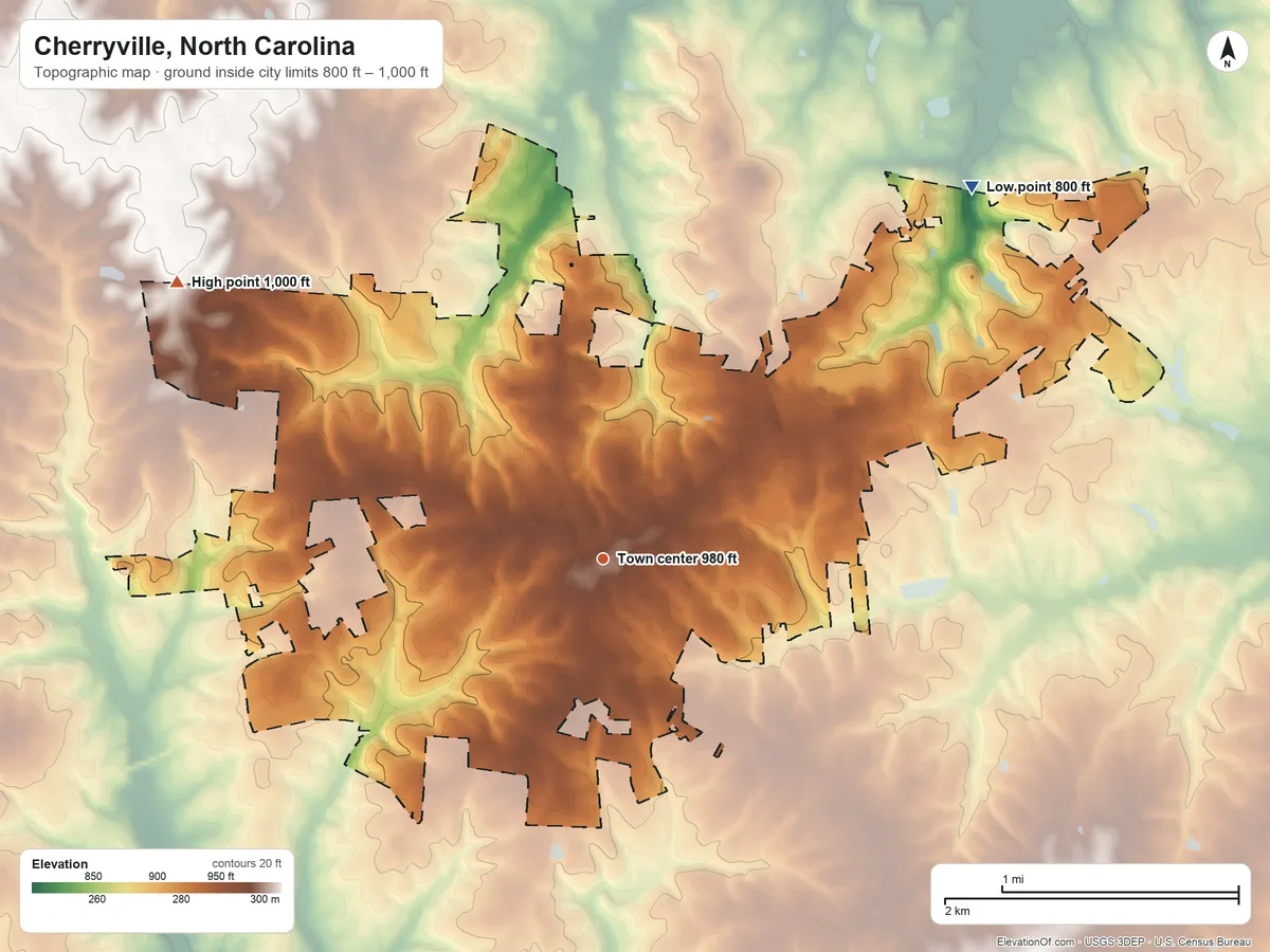 Topographic elevation map of Cherryville, North Carolina, shaded from 800 ft on the northeast side to 1,000 ft on the northwest side