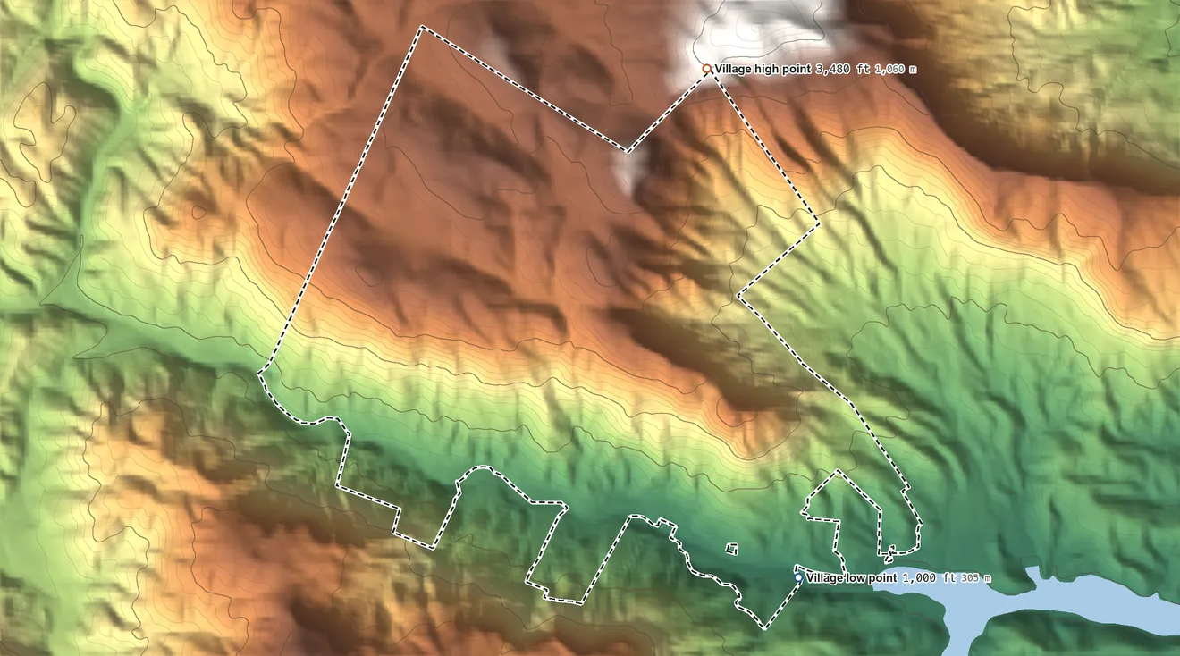 Topographic elevation map of Chimney Rock Village, North Carolina, shaded from 1,000 ft on the east side to 3,480 ft at the foot of the Swannanoa Mountains