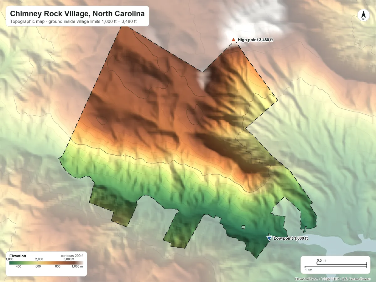 Topographic elevation map of Chimney Rock Village, North Carolina, shaded from 1,000 ft on the east side to 3,480 ft at the foot of the Swannanoa Mountains