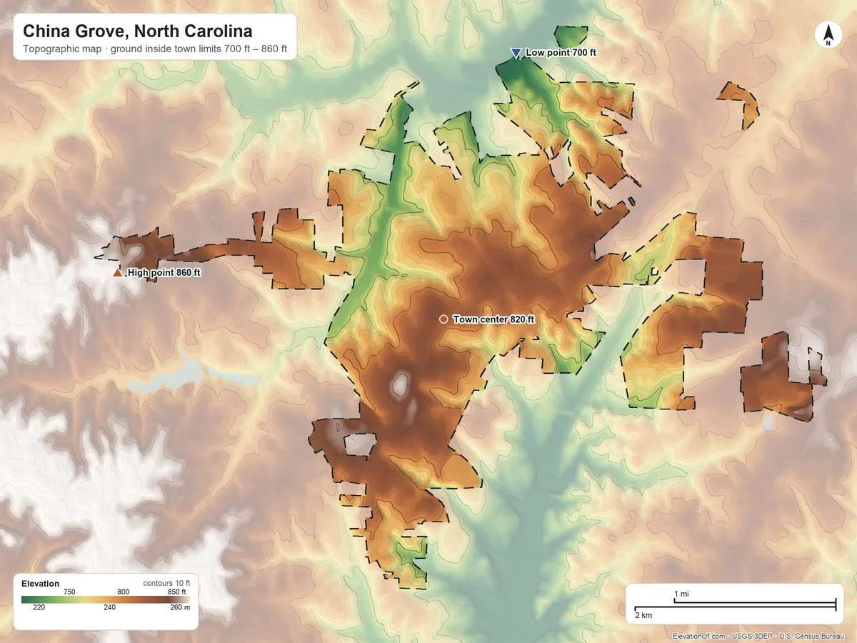 Topographic elevation map of China Grove, North Carolina, shaded from 700 ft on the north side to 860 ft on the west side