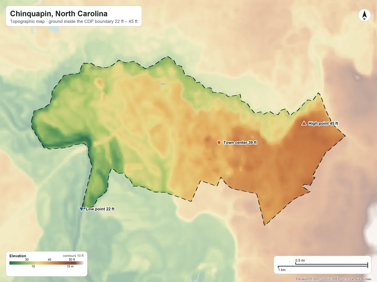 Topographic elevation map of Chinquapin, North Carolina, shaded from 22 ft on the southwest side to 45 ft on the east side