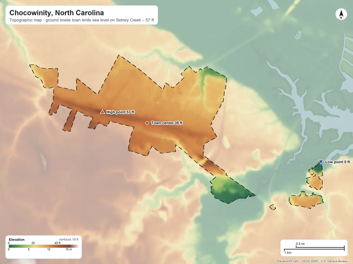Topographic elevation map of Chocowinity, North Carolina, shaded from sea level level on Sidney Creek to 57 ft on the west side
