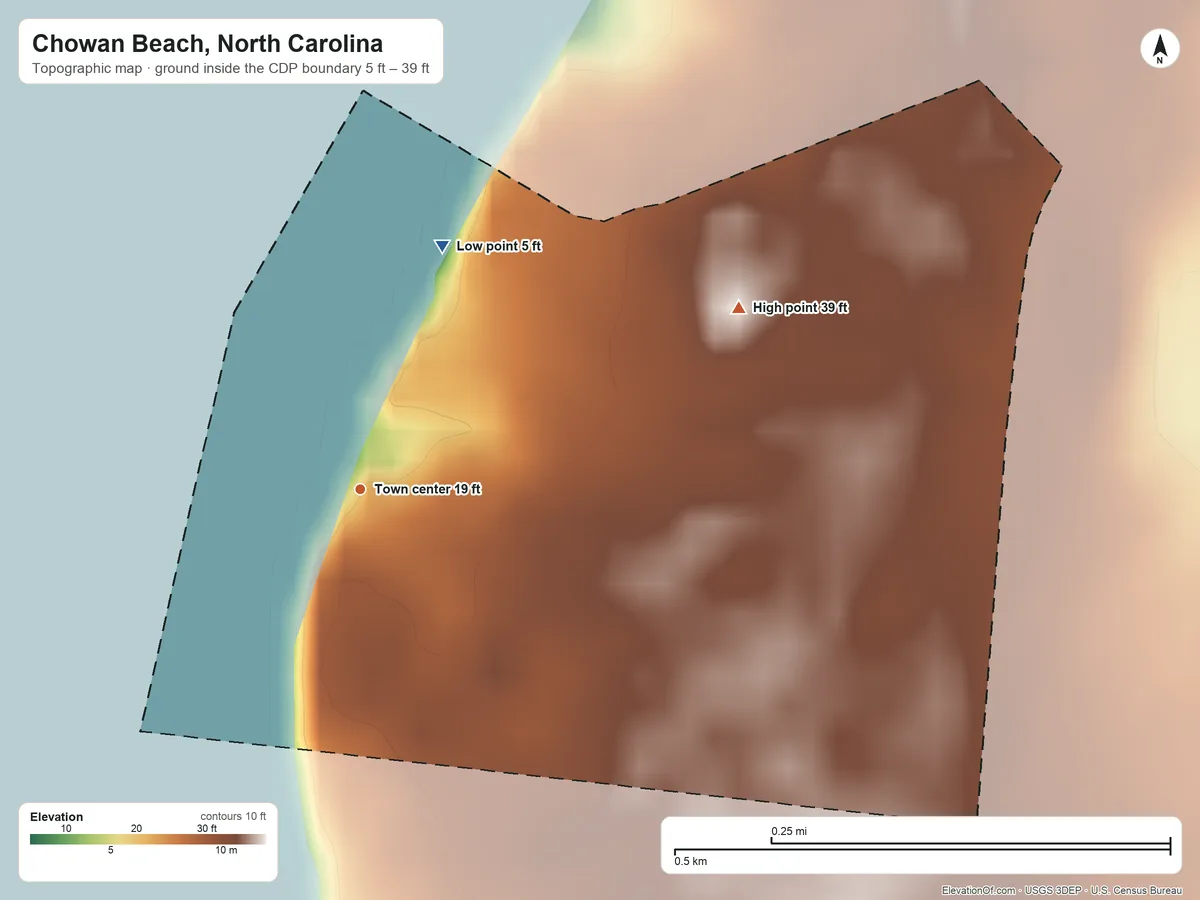 Topographic elevation map of Chowan Beach, North Carolina, shaded from 5 ft on the north side to 39 ft on the northeast side