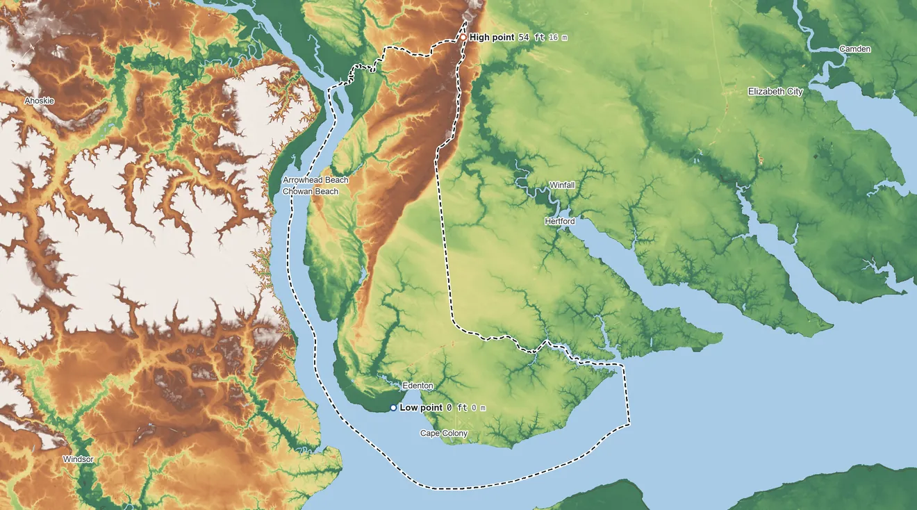 Topographic elevation map of Chowan County, North Carolina, shaded from sea level on Edenton Bay to 54 ft on the north side