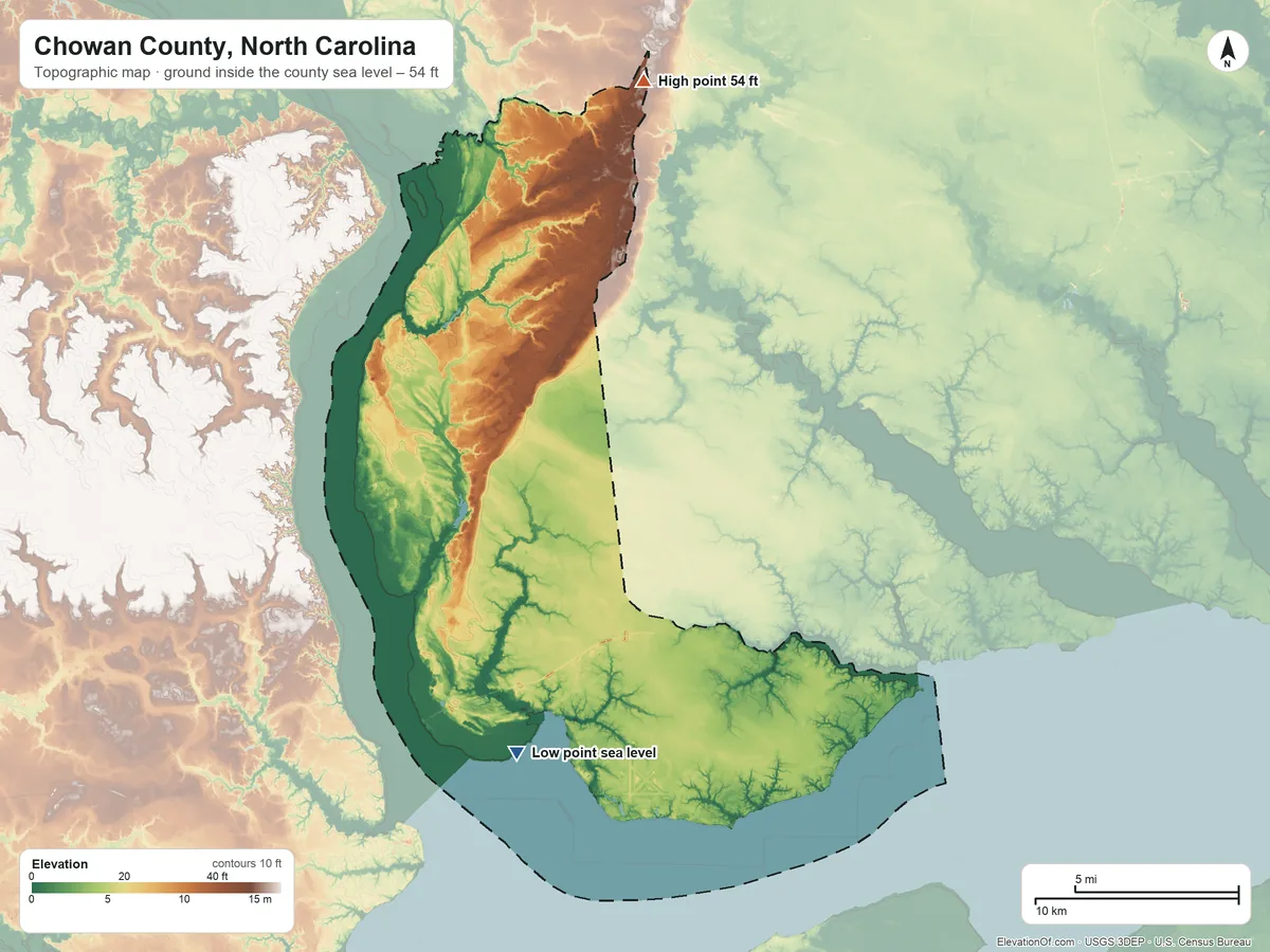 Topographic elevation map of Chowan County, North Carolina, shaded from sea level on Edenton Bay to 54 ft on the north side