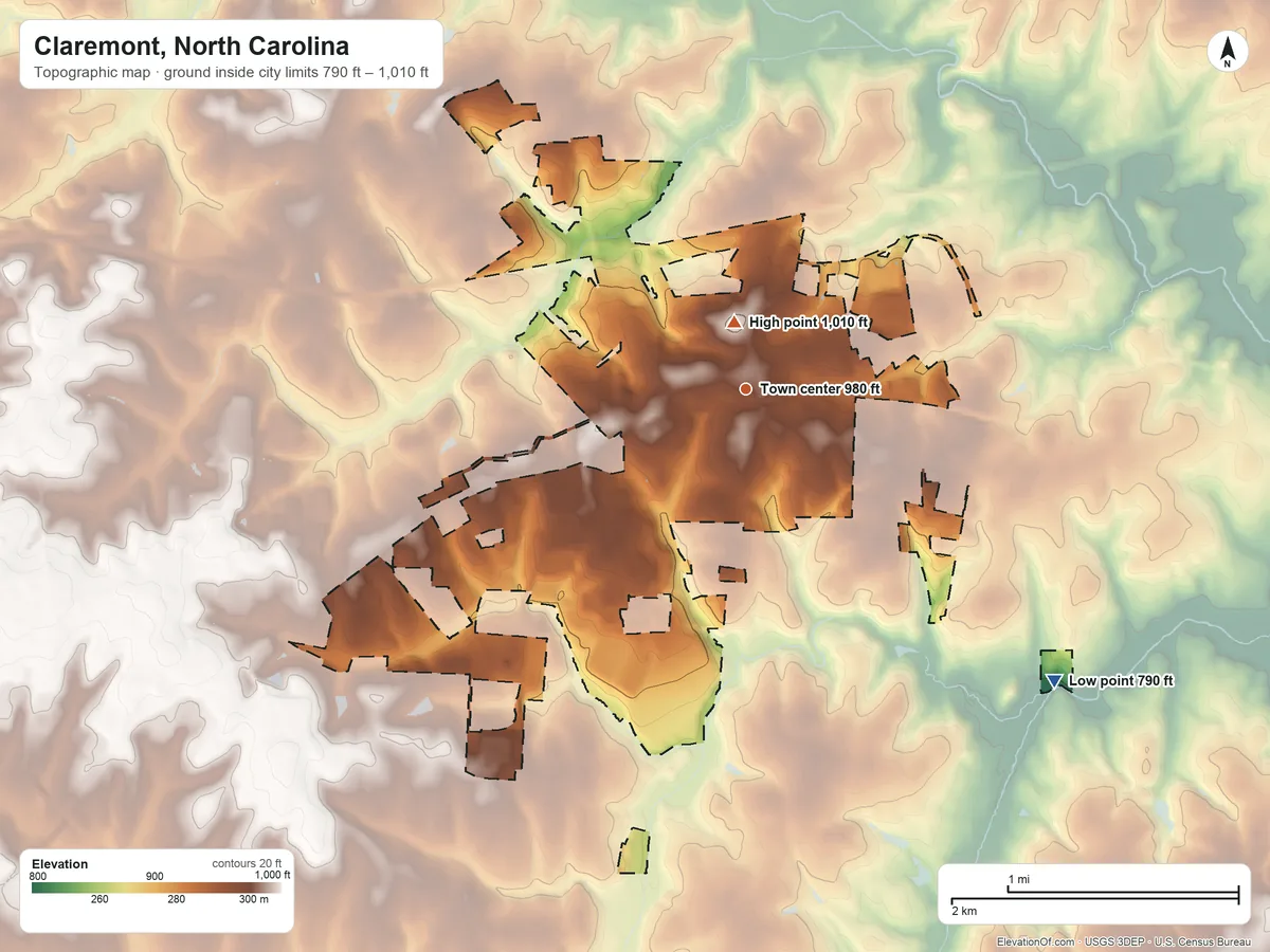 Topographic elevation map of Claremont, North Carolina, shaded from 790 ft on the southeast side to 1,010 ft near the middle