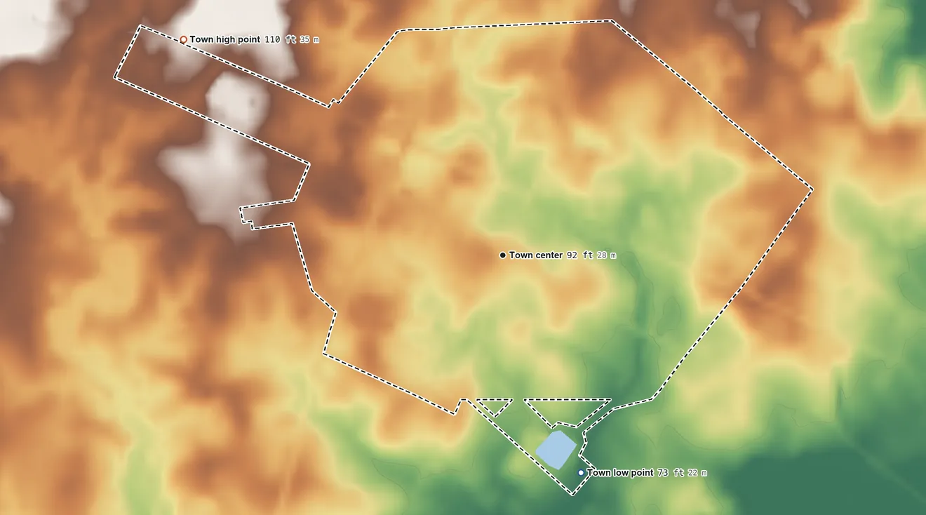 Topographic elevation map of Clarkton, North Carolina, shaded from 73 ft on the south side to 110 ft on the northwest side
