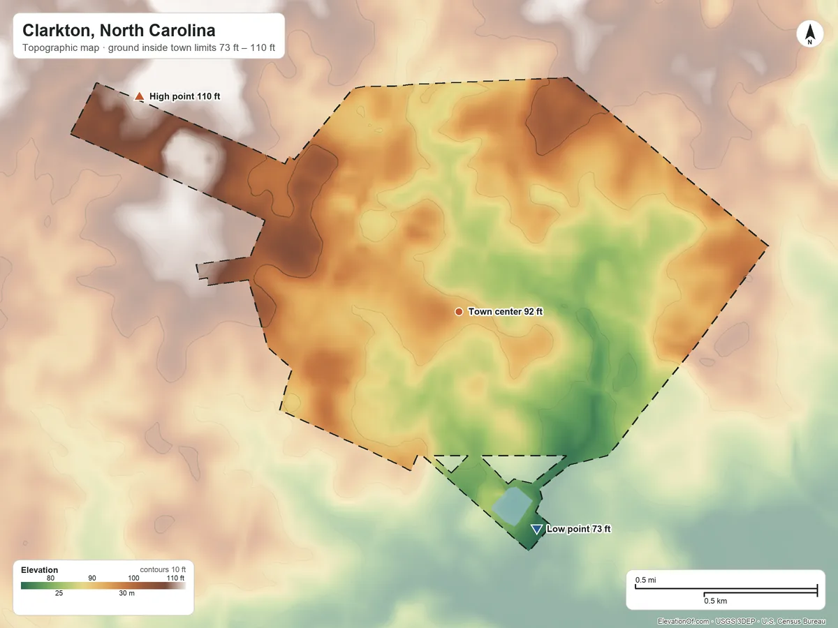 Topographic elevation map of Clarkton, North Carolina, shaded from 73 ft on the south side to 110 ft on the northwest side