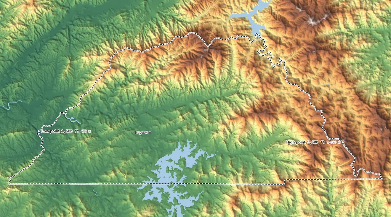 Topographic elevation map of Clay County, North Carolina, shaded from 1,580 ft on the west side to 5,500 ft on Deadening Knob