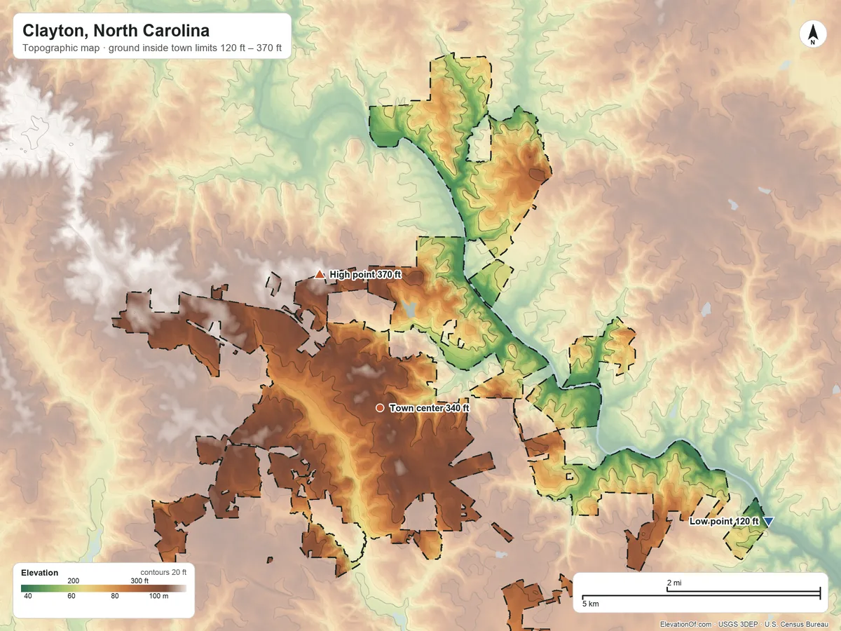 Topographic elevation map of Clayton, North Carolina, shaded from 120 ft on the east side to 370 ft on the northwest side