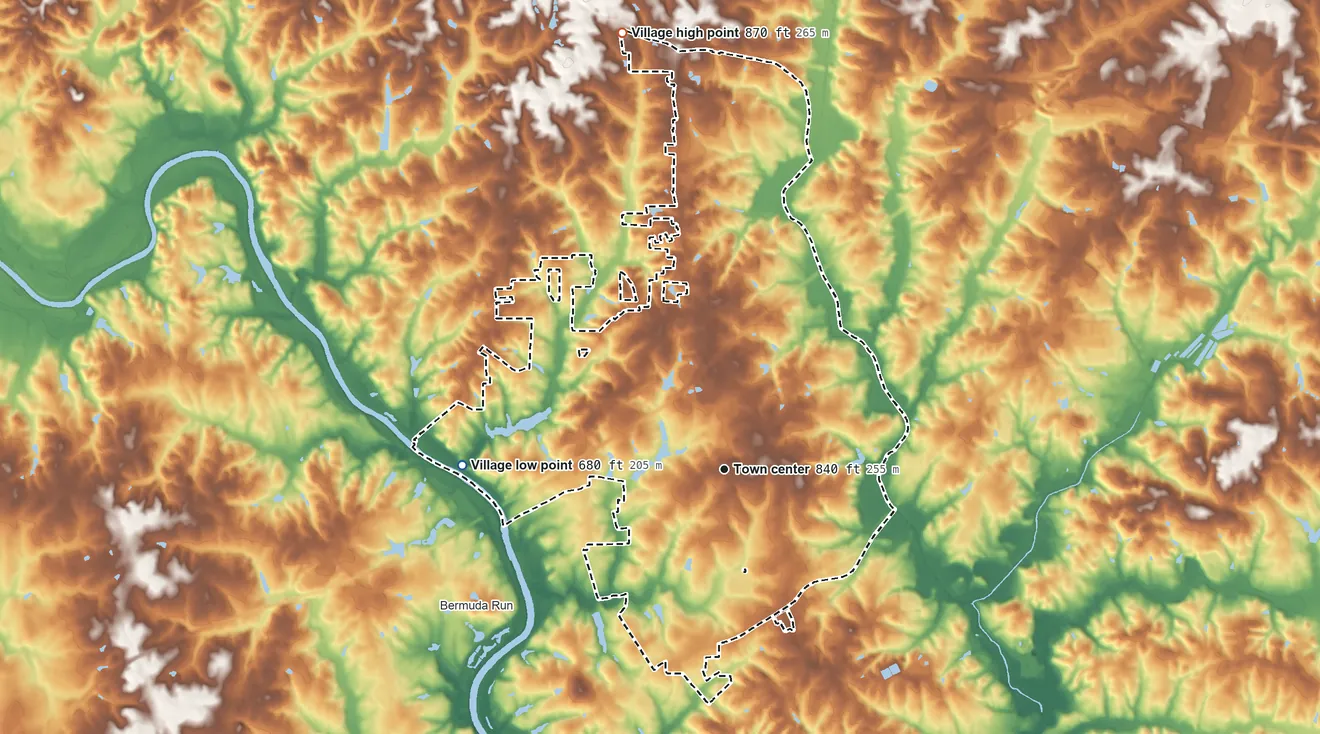 Topographic elevation map of Clemmons, North Carolina, shaded from 680 ft on the west side to 870 ft on the north side