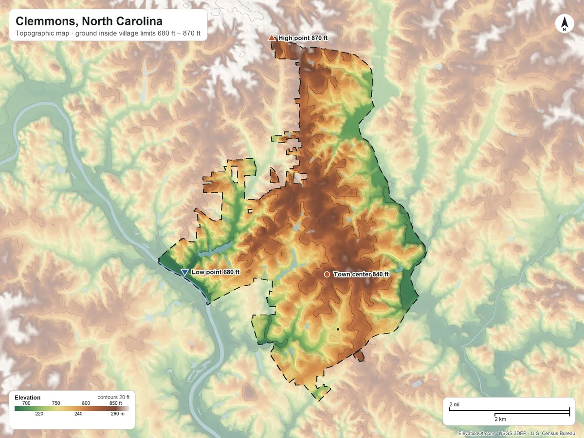 Topographic elevation map of Clemmons, North Carolina, shaded from 680 ft on the west side to 870 ft on the north side
