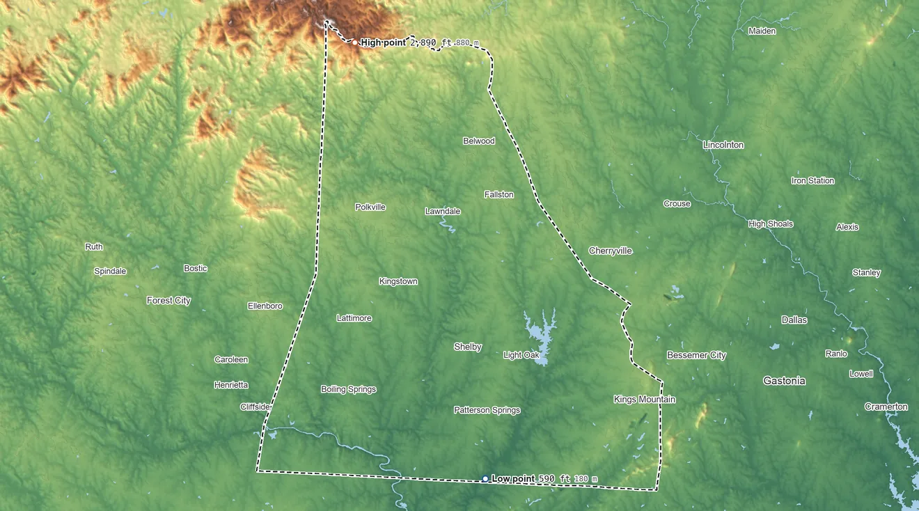Topographic elevation map of Cleveland County, North Carolina, shaded from 590 ft on the south side to 2,890 ft on Benn Knob