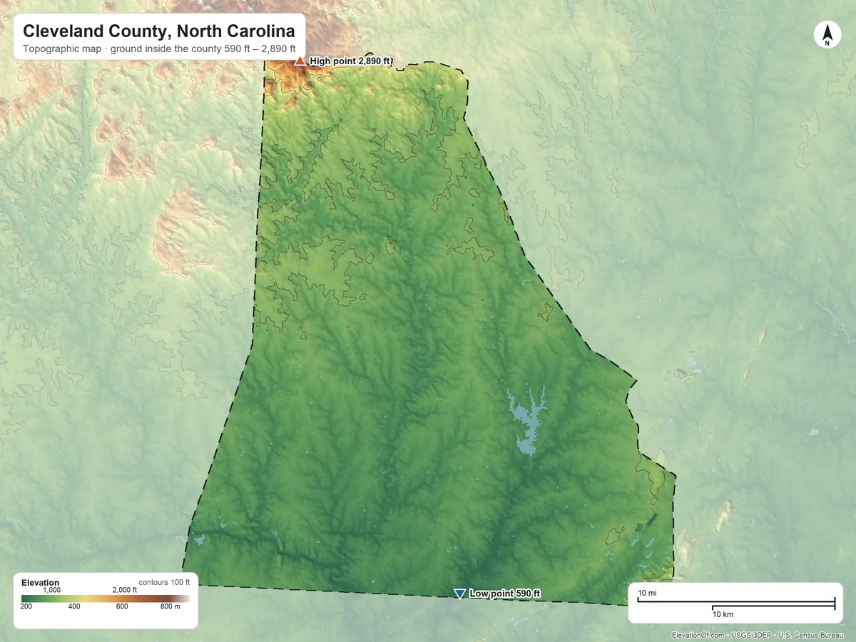 Topographic elevation map of Cleveland County, North Carolina, shaded from 590 ft on the south side to 2,890 ft on Benn Knob