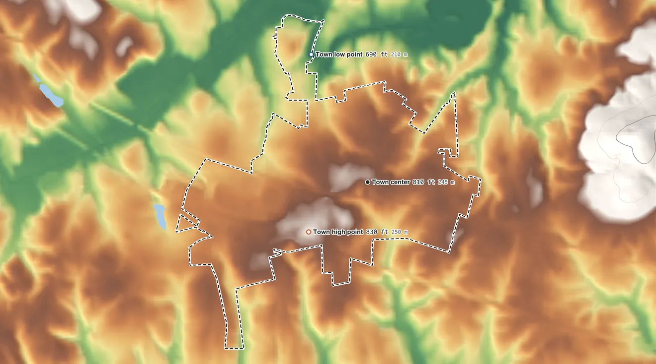 Topographic elevation map of Cleveland, North Carolina, shaded from 690 ft on the northwest side to 830 ft on the southwest side