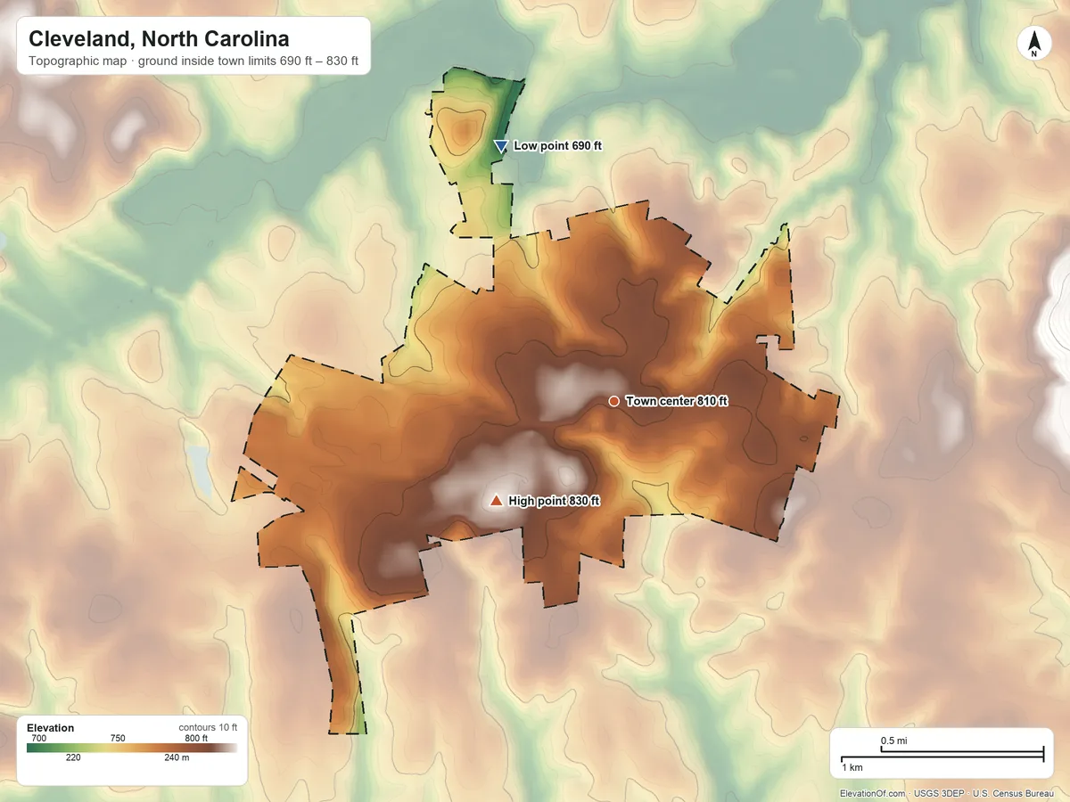 Topographic elevation map of Cleveland, North Carolina, shaded from 690 ft on the northwest side to 830 ft on the southwest side