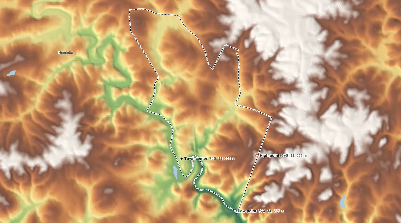 Topographic elevation map of Cliffside, North Carolina, shaded from 670 ft on the southeast side to 900 ft on the east side