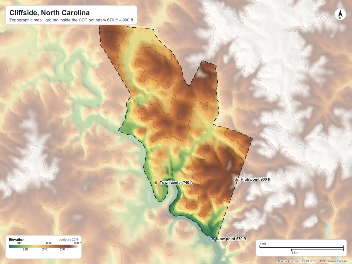 Topographic elevation map of Cliffside, North Carolina, shaded from 670 ft on the southeast side to 900 ft on the east side